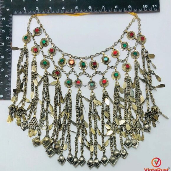 Unique Afghan Kuchi Necklace, Gypsy Multi-Layered Tribal Jewelry with Charms - Picture 5 of 7